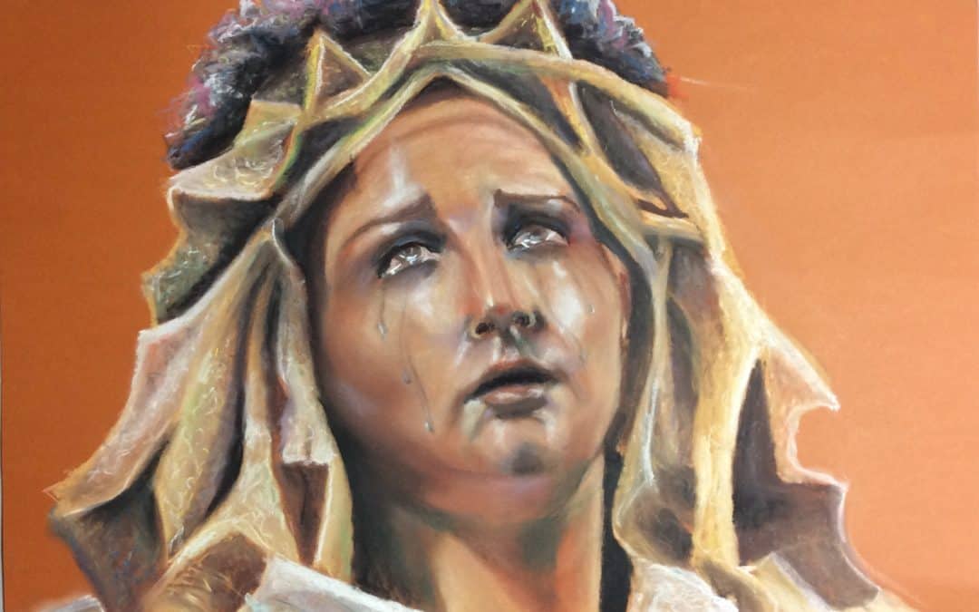 Huilende Madonna, 2019, pastelkrijt, 50:35 cm, ingelijst museumglas: 125€