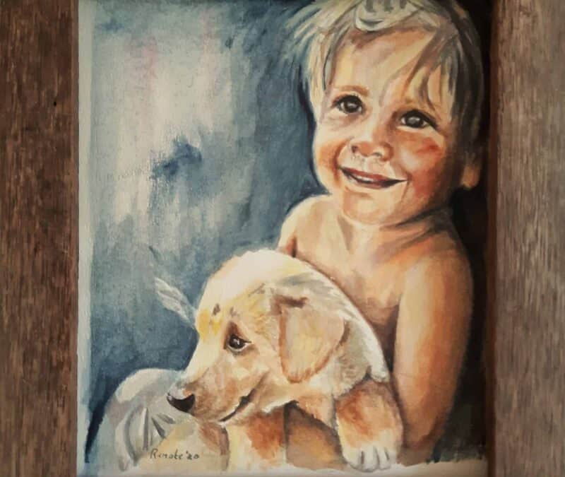 Straatjochie met hond, 2020, aquarel, 24: 30 cm, ingelijst, verkocht