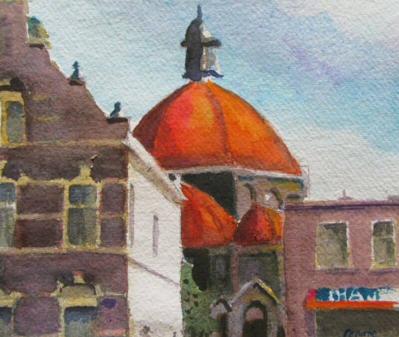 Aquarel, Sint Agathakerk Beverwijk, 20:20cm, ingelijst, 125€