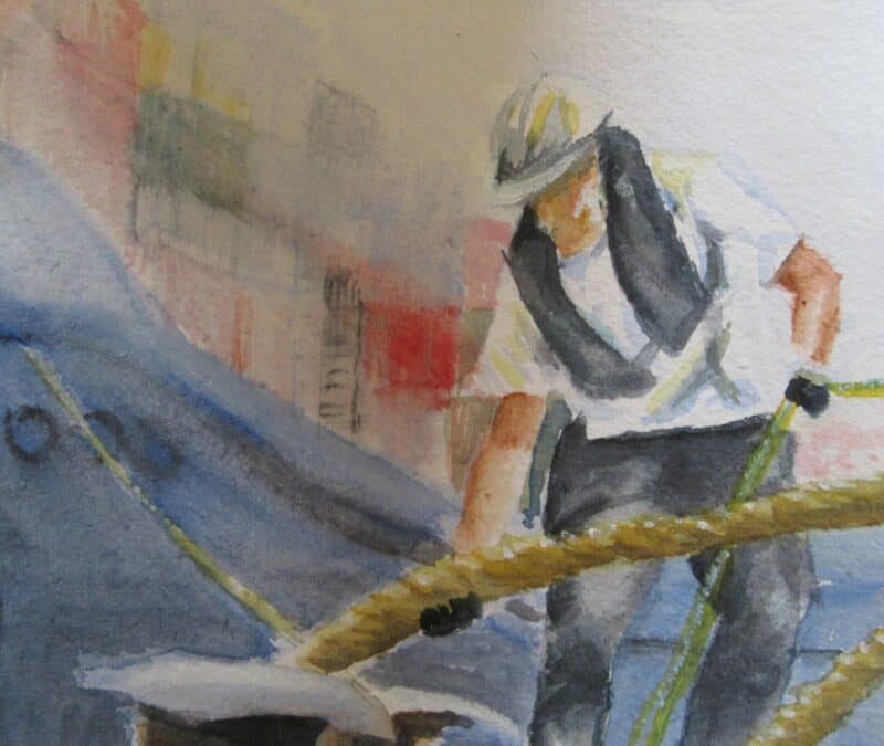 Aquarel, een havenarbeider, 20:20 cm, ingelijst, 125€