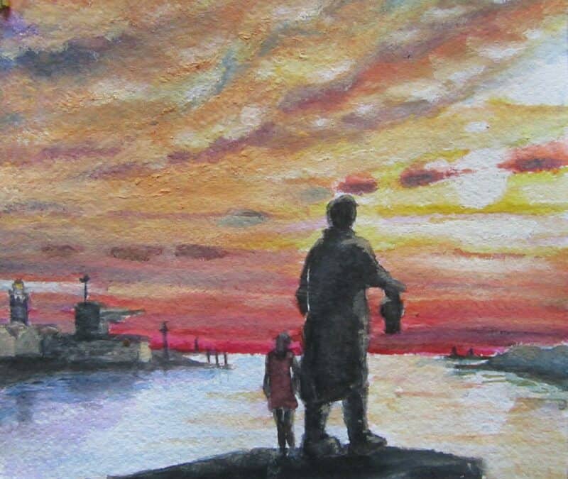 Aquarel mix, het vissersmonument op het kopje van de haven IJmuiden, 20:20 cm, ingelijst, 125€